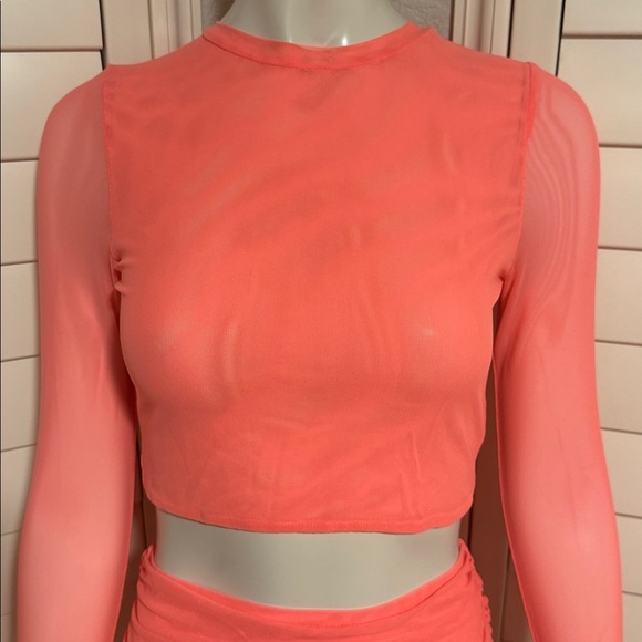 Hot & Delicious Neon Coral Ruched Two-Piece Set | Long Sleeve Crop Top &  Skirt - Picture 8 of 12